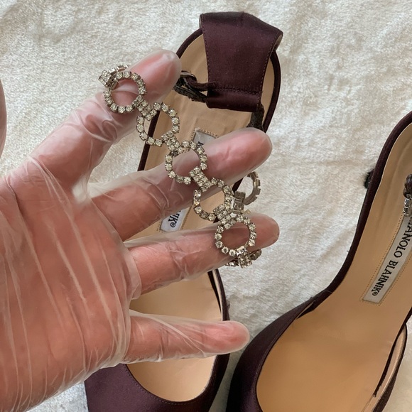 Vintage Purple Manolo Blahnik Satin Heel Pumps w/Rhinestone Ankle Strap Sz 40.5! - Picture 10 of 12